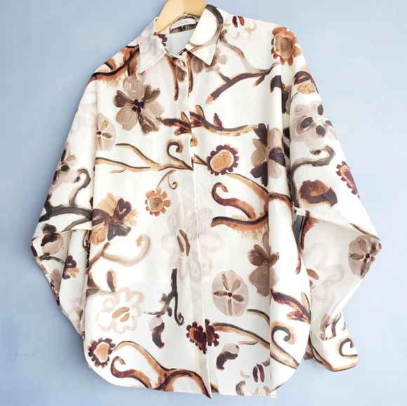 DOROTHEE SCHUMACHER ABSTRACT FLORAL NEUTRAL HIGH, LOW BLOUSE SIZE S/M - Picture 2 of 16